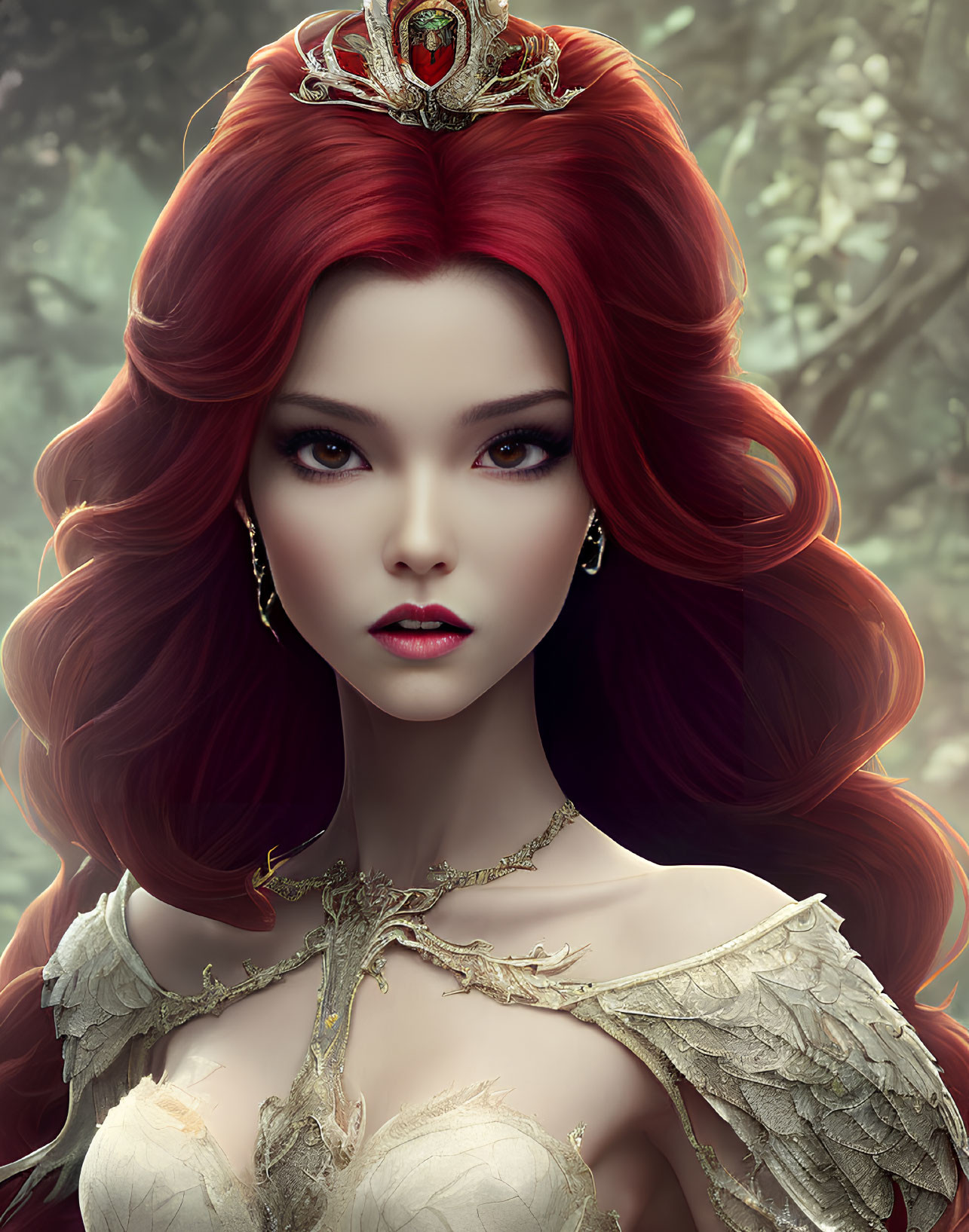 Digital artwork: Woman with voluminous red hair and golden crown