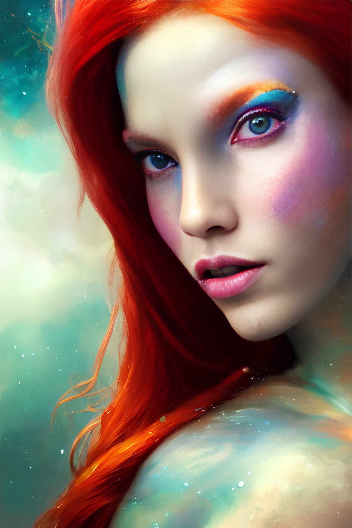 Vibrant red hair and rainbow makeup portrait on cloud background