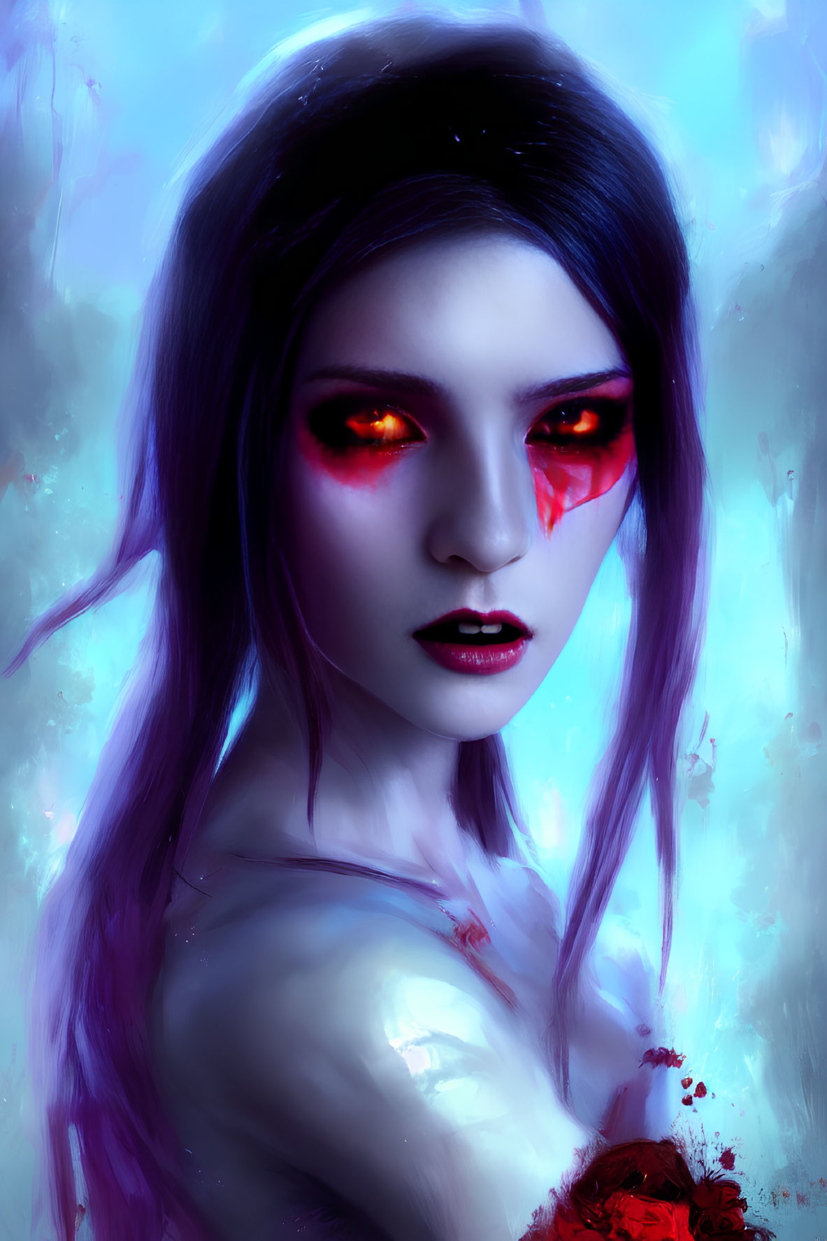 Digital portrait of female figure with glowing red eyes and dark hair against bluish-purple background