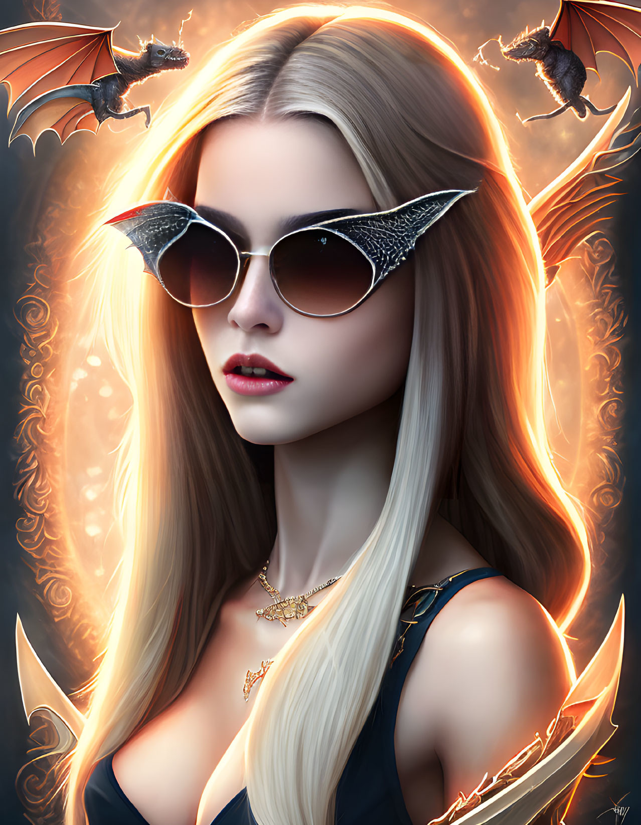 Digital artwork of woman with white hair and dragon-themed sunglasses