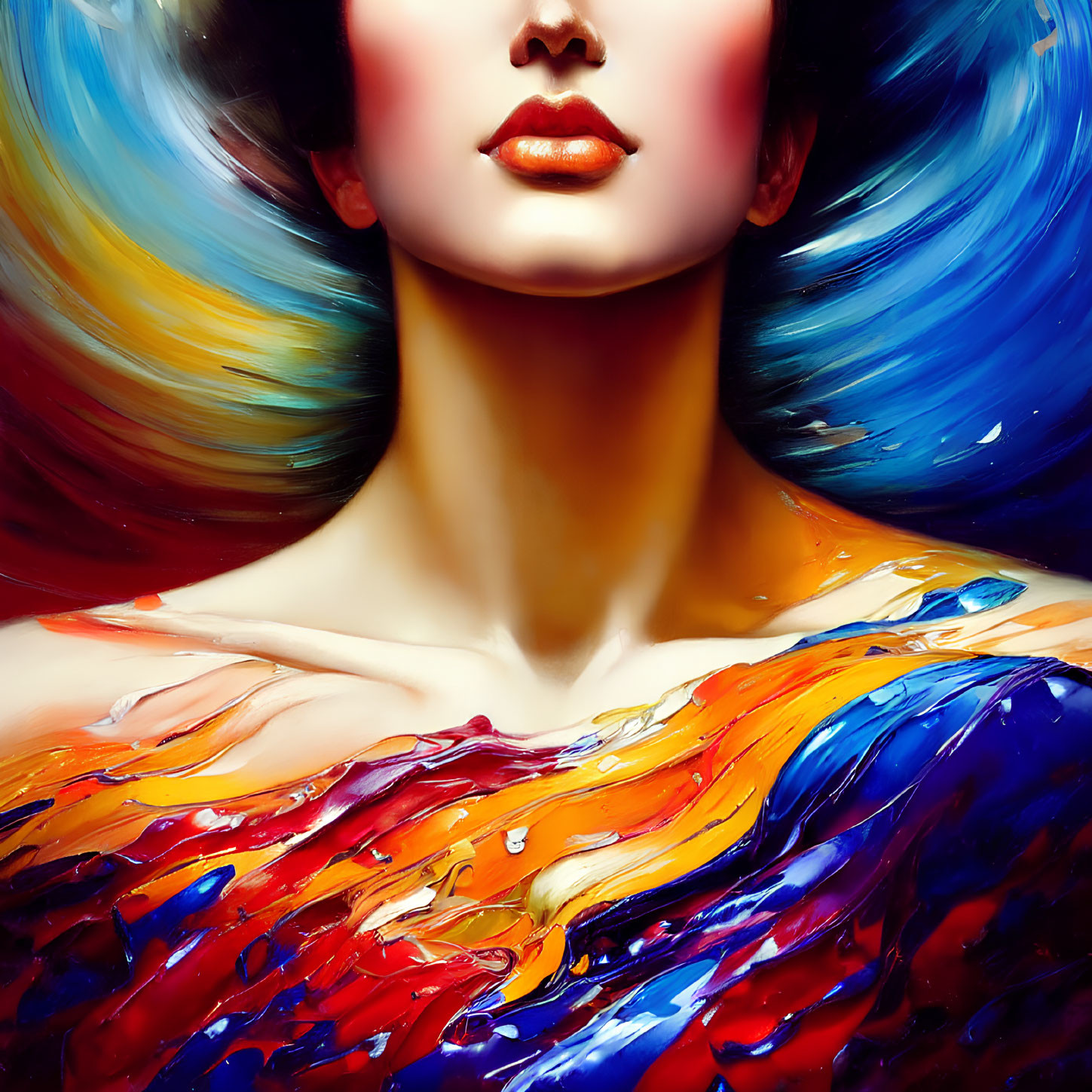 Colorful swirling textures surround woman's portrait