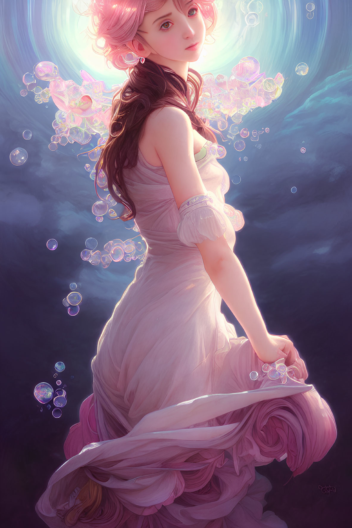 Elegant woman in pink gown with luminescent bubbles on dreamy backdrop