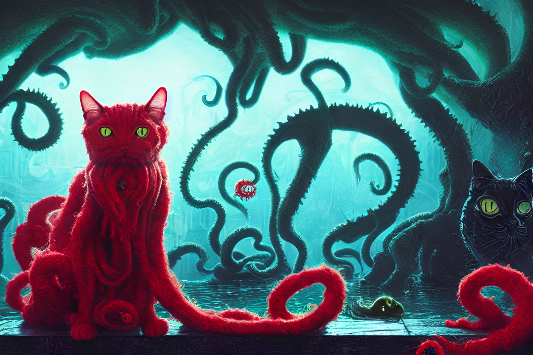 Vivid illustration of two cats with tentacles in a greenish-blue backdrop