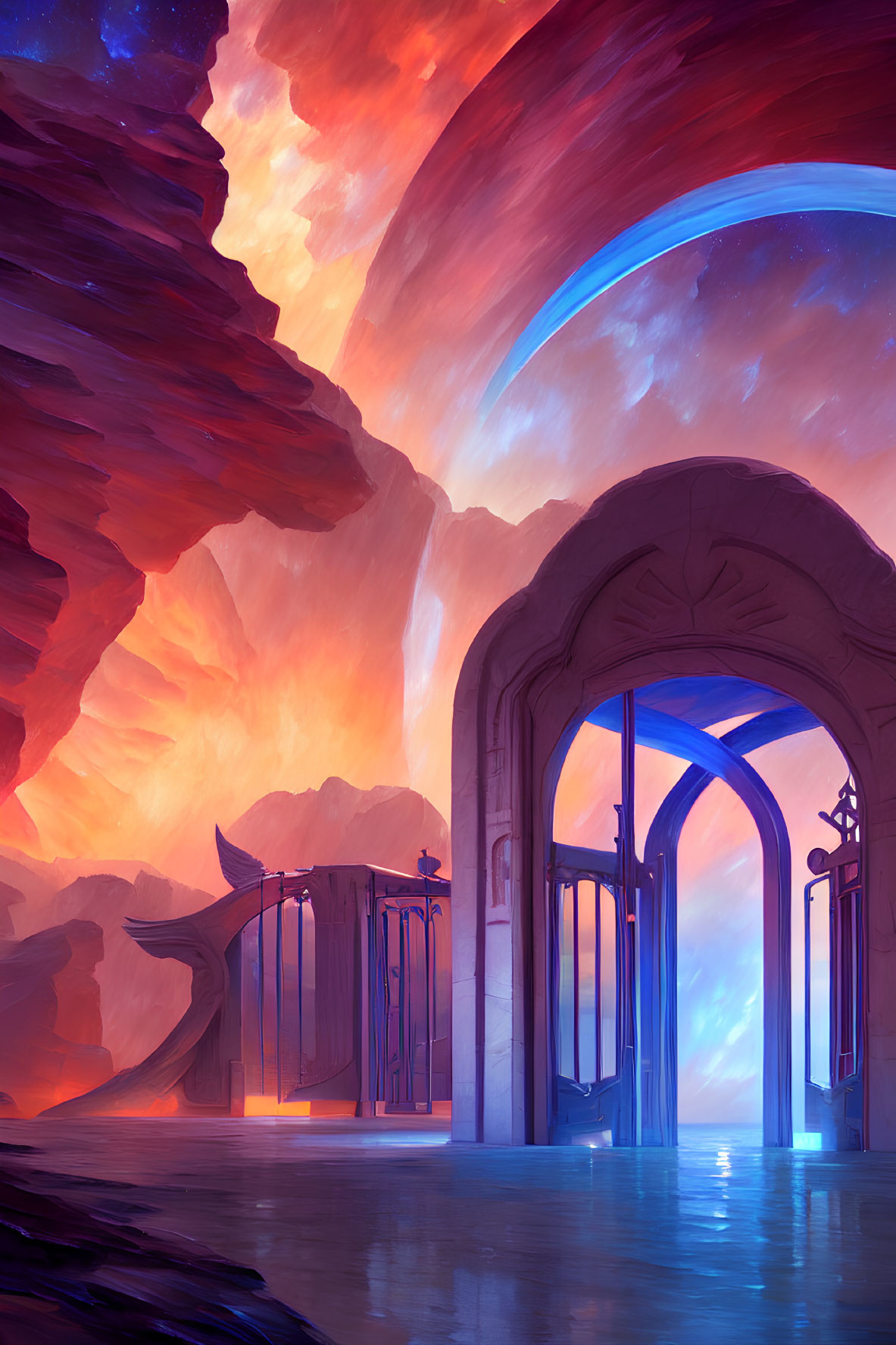 Intricate gate in vibrant sci-fi landscape under colorful sky