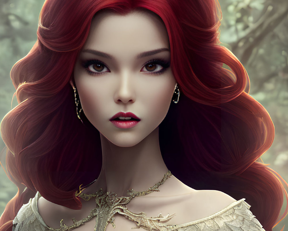 Digital artwork: Woman with voluminous red hair and golden crown