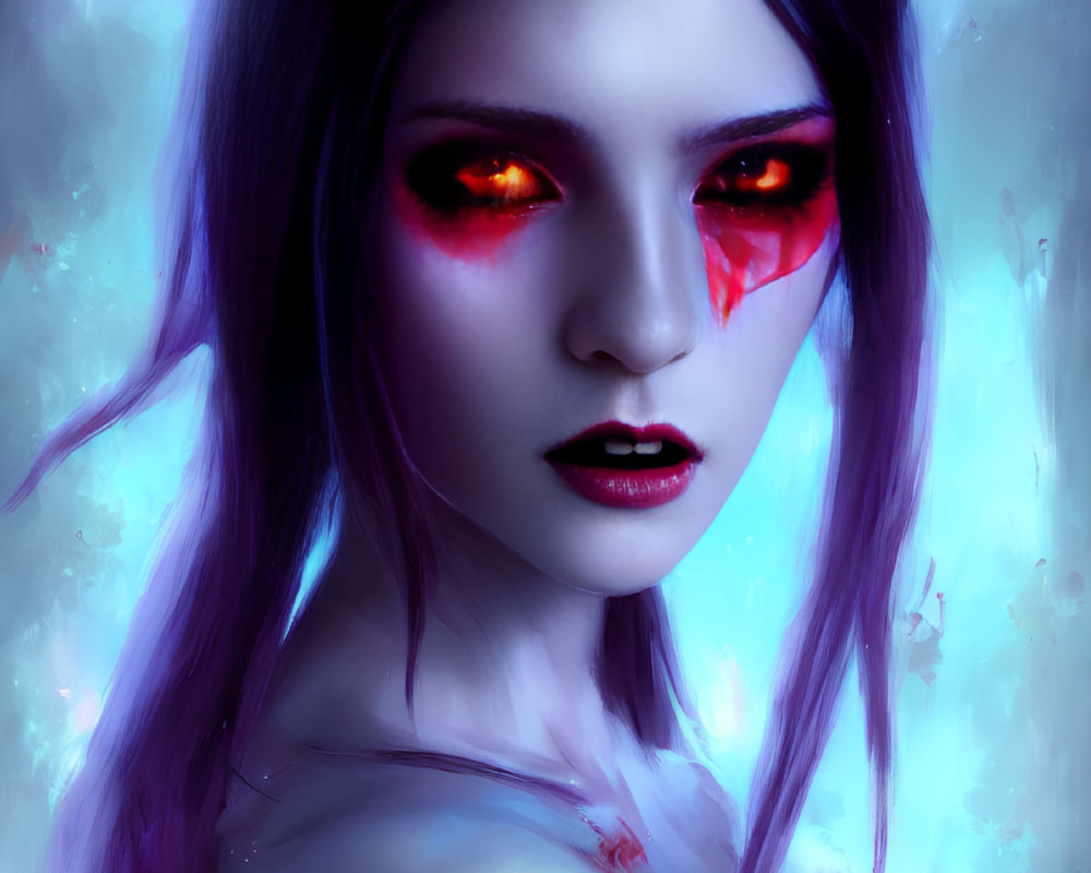 Digital portrait of female figure with glowing red eyes and dark hair against bluish-purple background