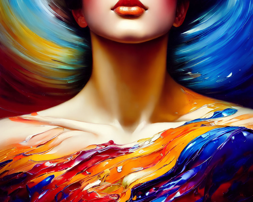 Colorful swirling textures surround woman's portrait