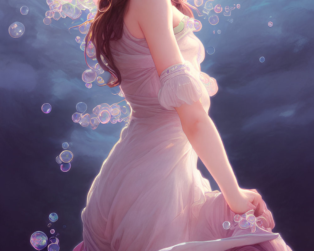 Elegant woman in pink gown with luminescent bubbles on dreamy backdrop