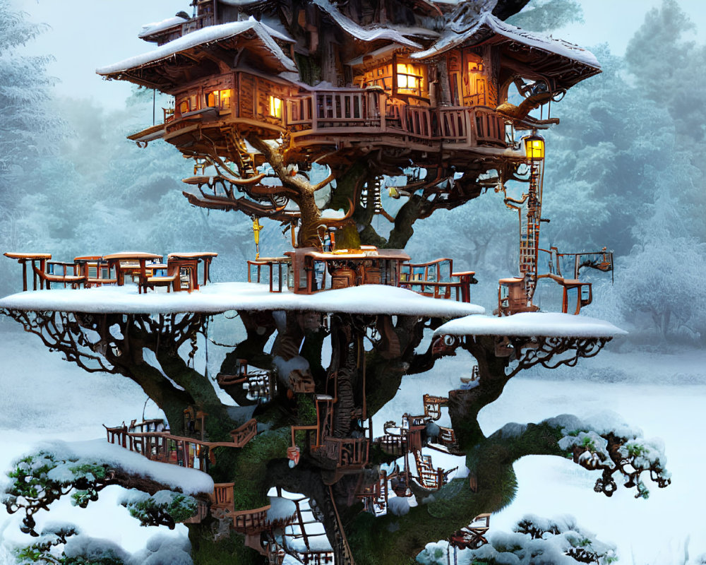 Multilevel illuminated treehouse in snowy landscape