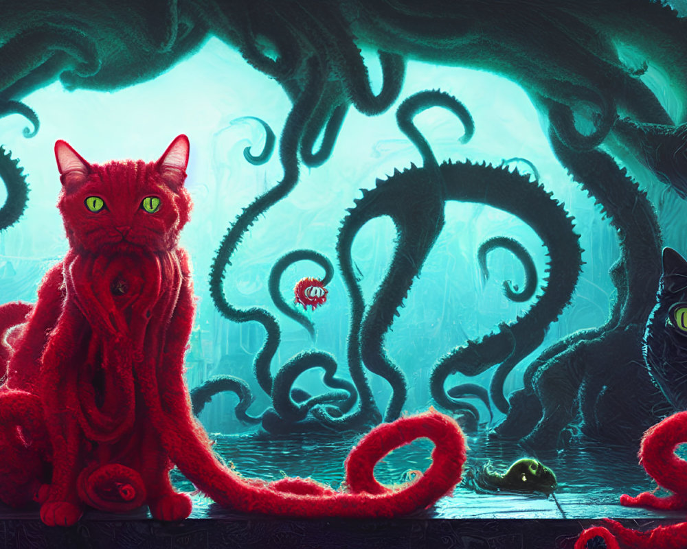 Vivid illustration of two cats with tentacles in a greenish-blue backdrop