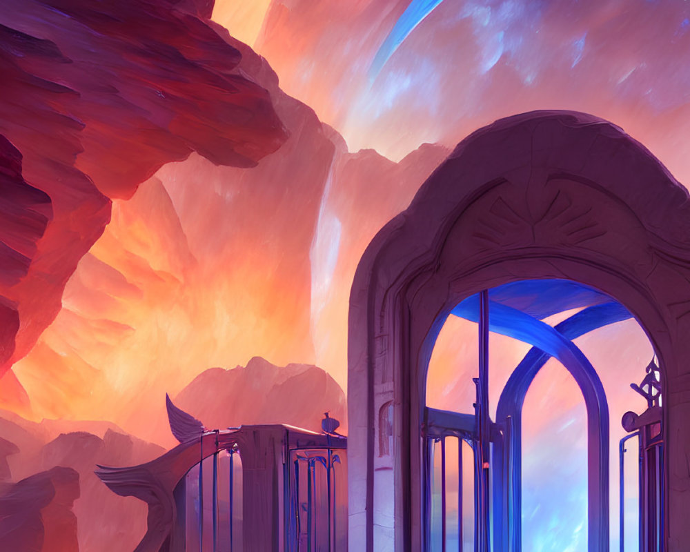 Intricate gate in vibrant sci-fi landscape under colorful sky