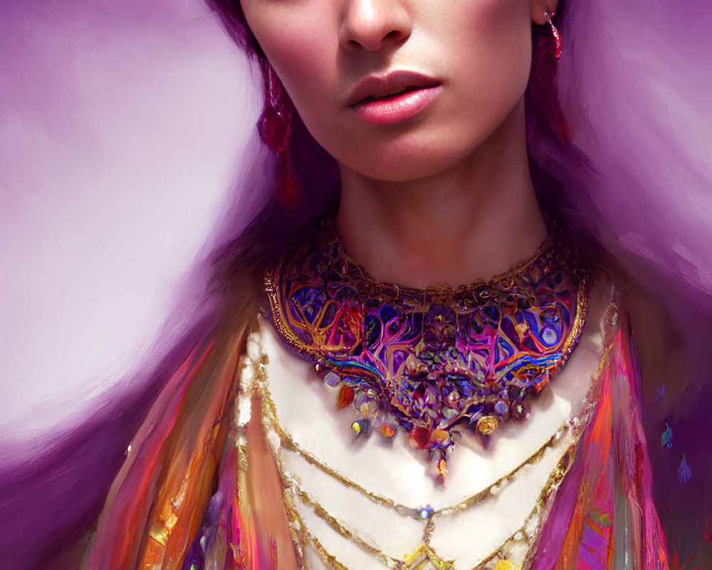 Striking woman in ornate purple and gold regalia on soft purple backdrop