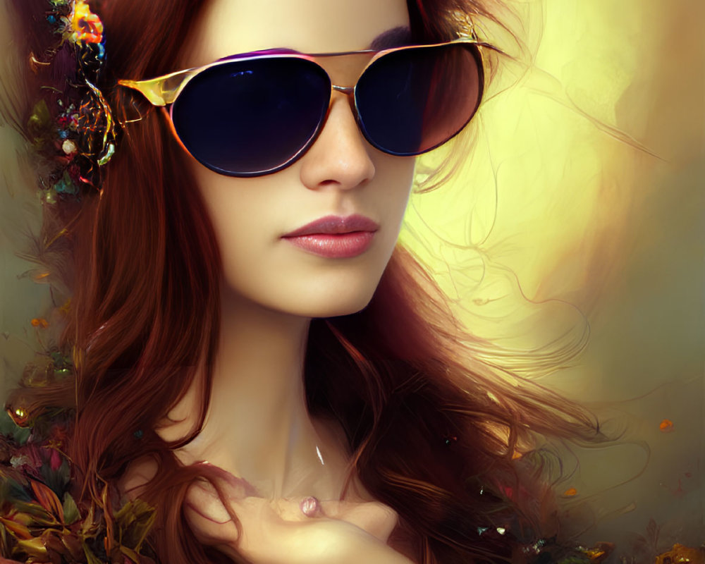 Woman with Long Red Hair and Flowers in Round Sunglasses Against Autumn Floral Background