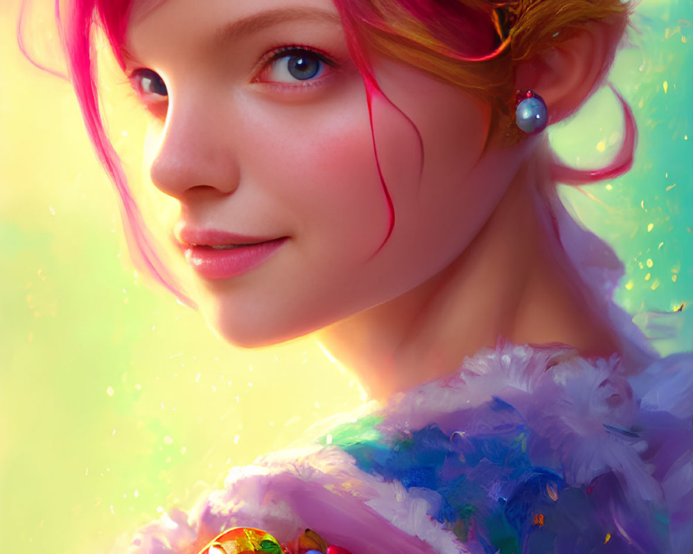 Colorful portrait of female character with pink hair, whimsical crown, jewels, and feathered shoulder