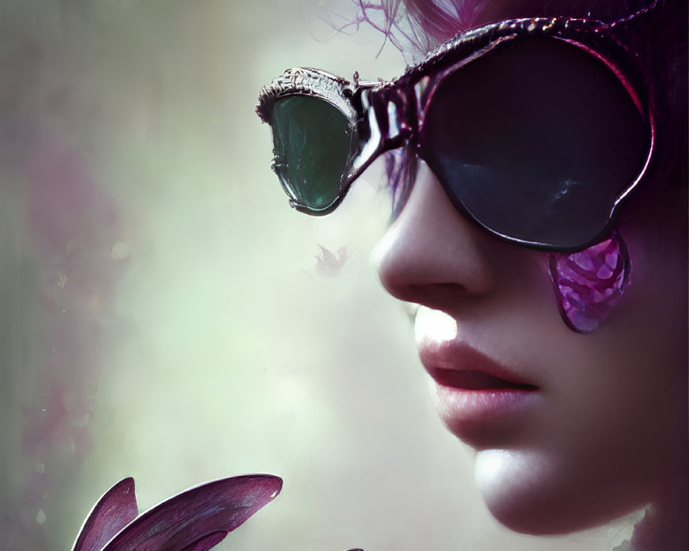 Colorful portrait with sunglasses and dragon on shoulder in misty setting