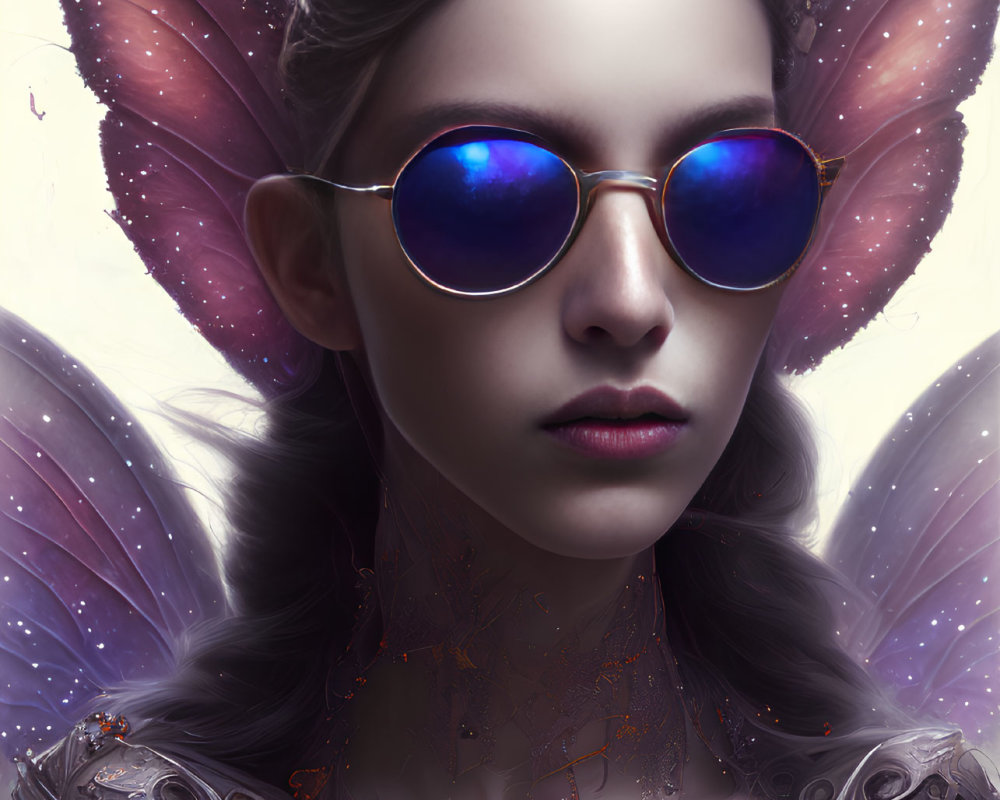 Woman with Butterfly Wing Ears and Mechanical Shoulders in Blue Sunglasses