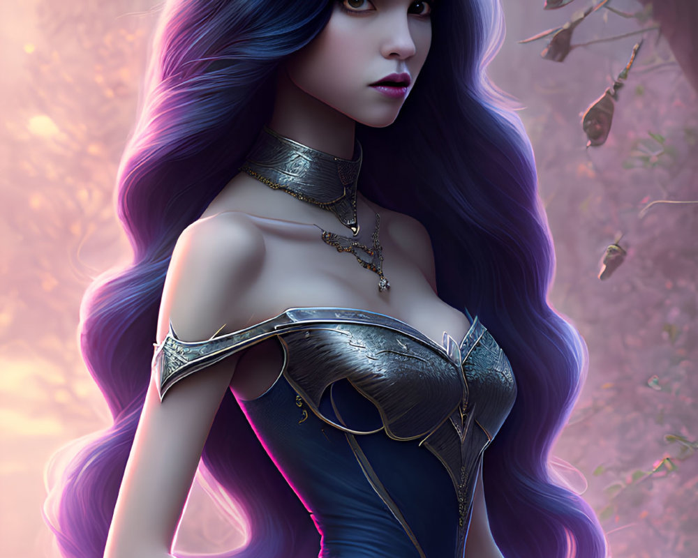 Fantasy female warrior with purple hair in blue armor in pink forest