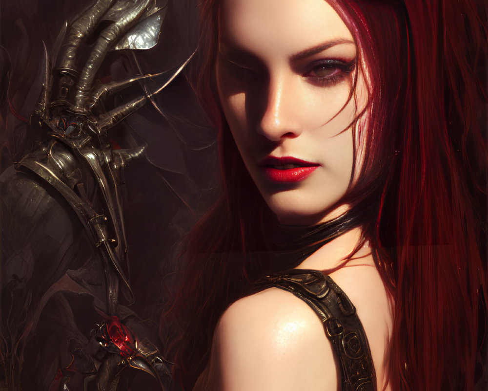 Red-haired woman in mystical warrior armor with striking makeup