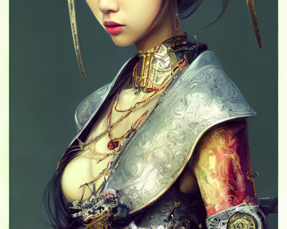 Asian warrior woman in traditional attire with futuristic armor and sword.