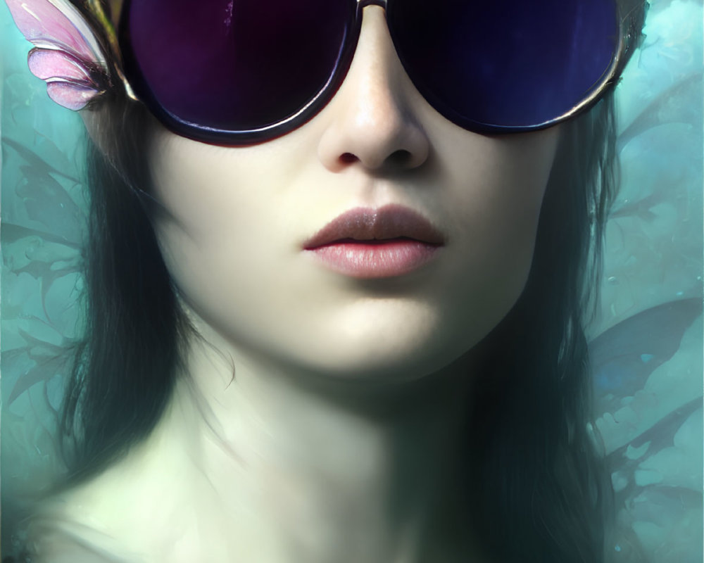 Woman in large purple butterfly sunglasses under ethereal blue lighting