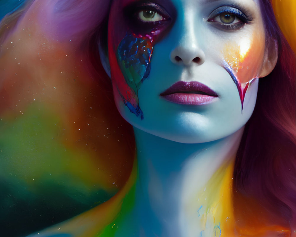 Woman with vibrant cosmic makeup creating nebula effect