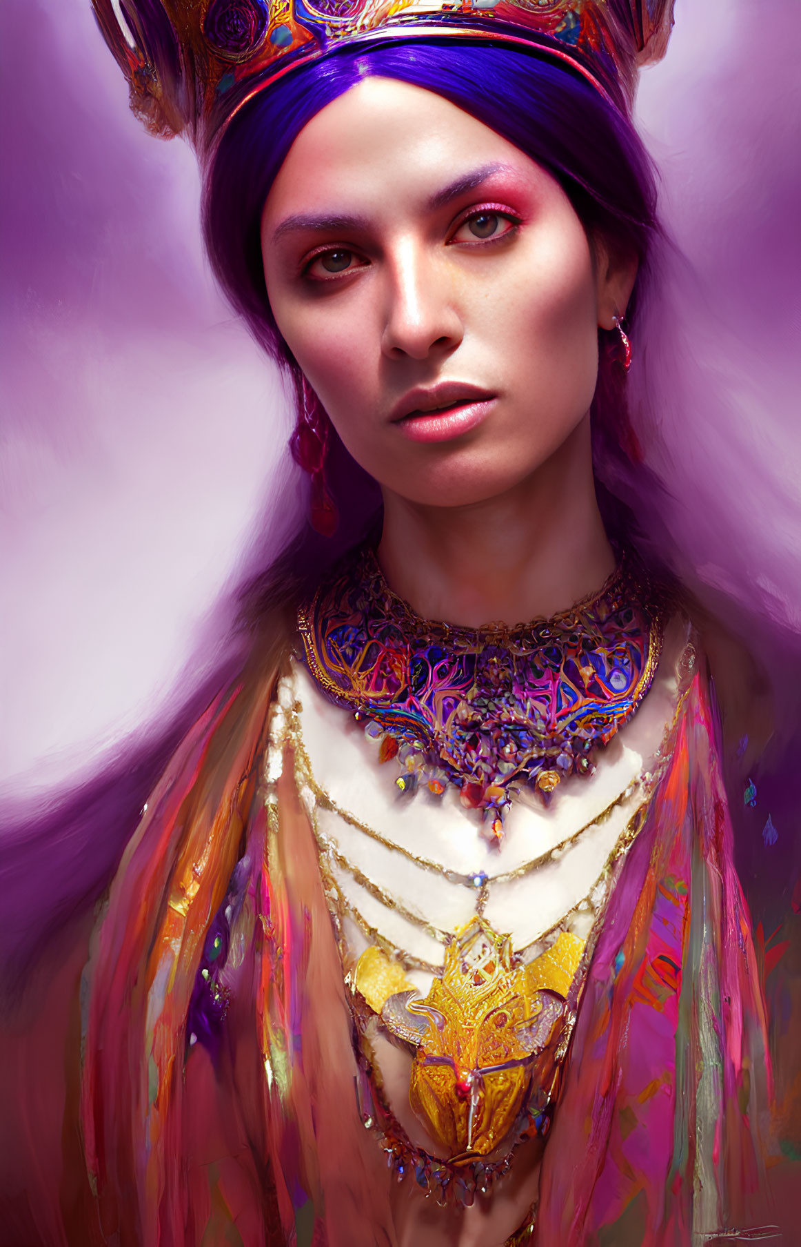 Striking woman in ornate purple and gold regalia on soft purple backdrop