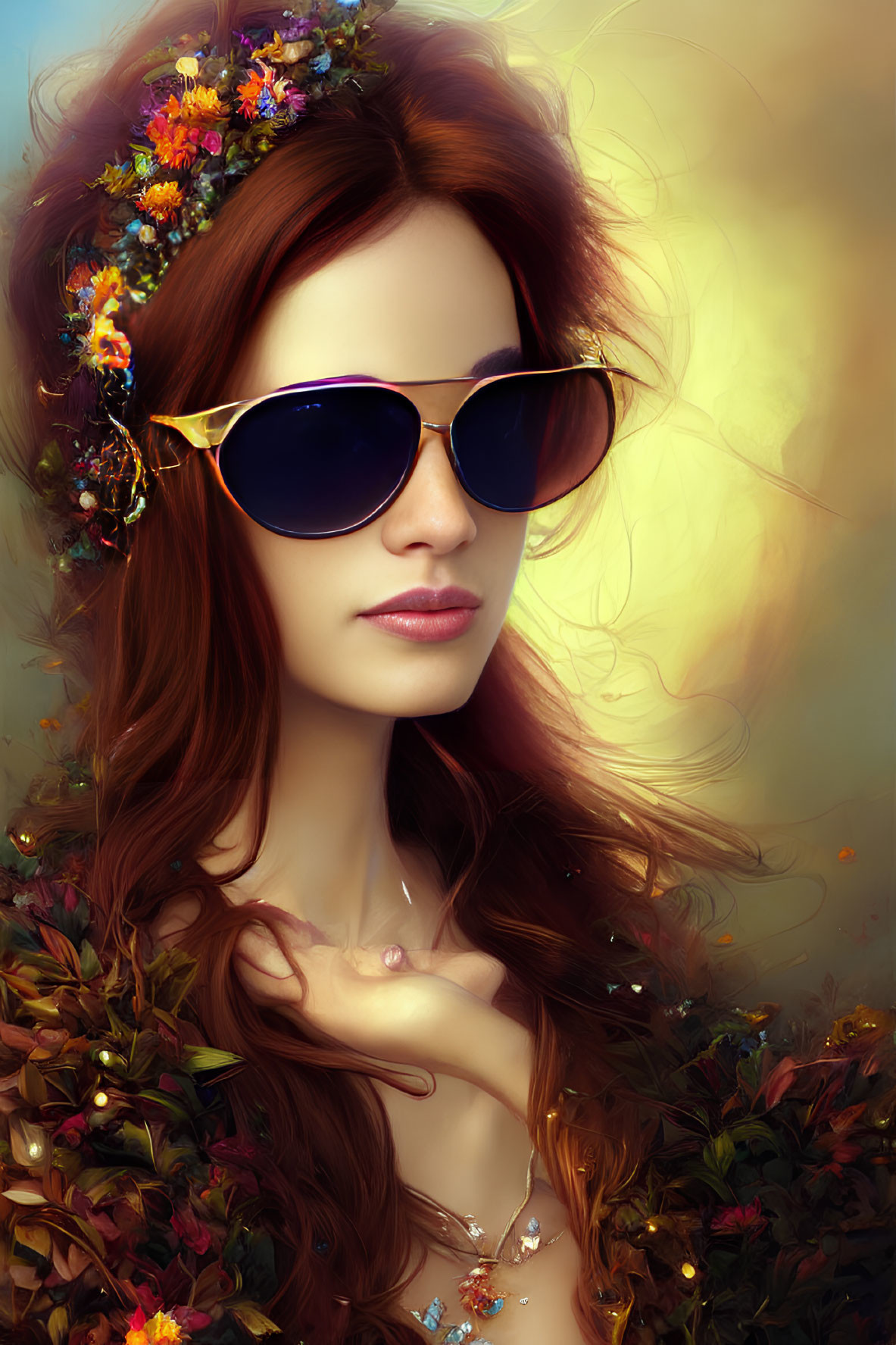 Woman with Long Red Hair and Flowers in Round Sunglasses Against Autumn Floral Background
