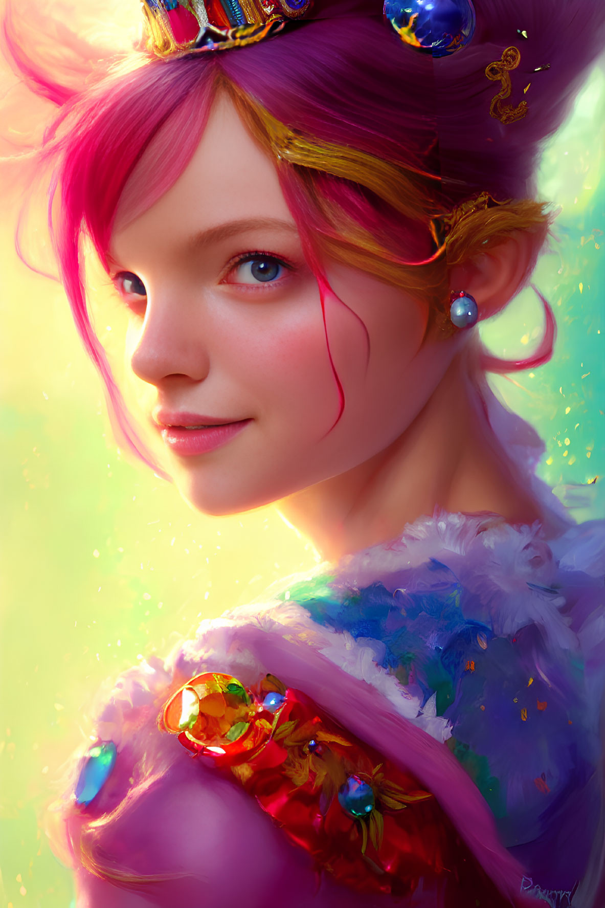 Colorful portrait of female character with pink hair, whimsical crown, jewels, and feathered shoulder