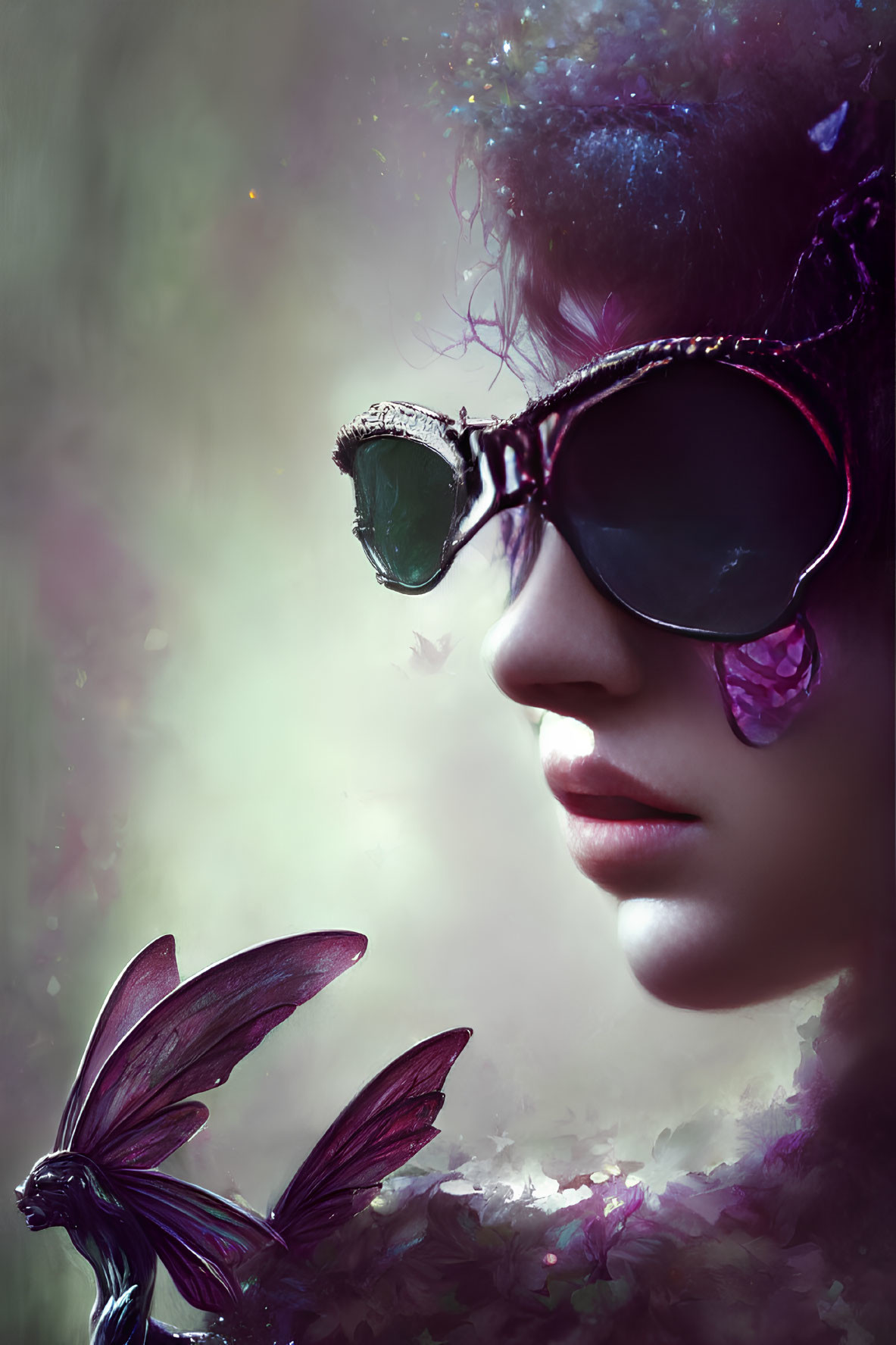 Colorful portrait with sunglasses and dragon on shoulder in misty setting
