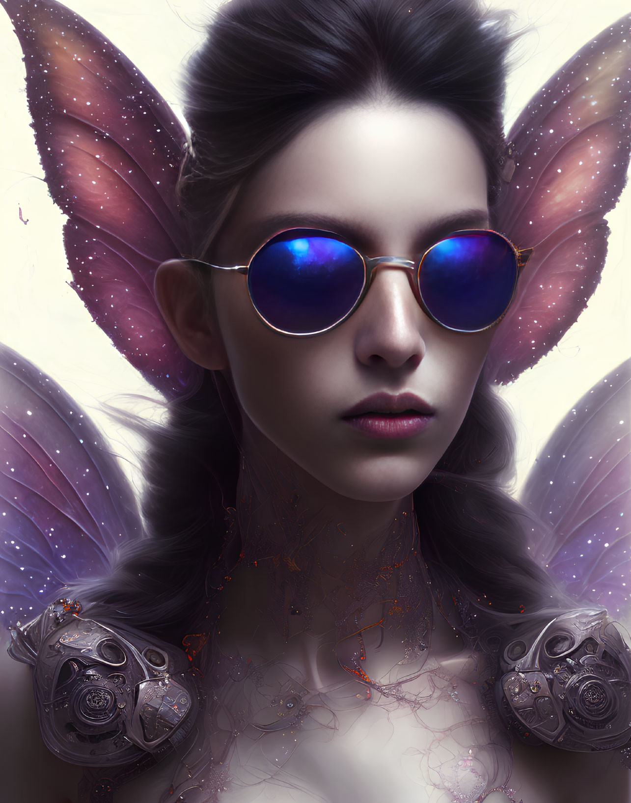 Woman with Butterfly Wing Ears and Mechanical Shoulders in Blue Sunglasses