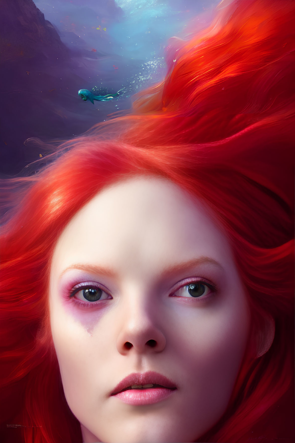 Digital art portrait of woman with red hair and cosmic backdrop