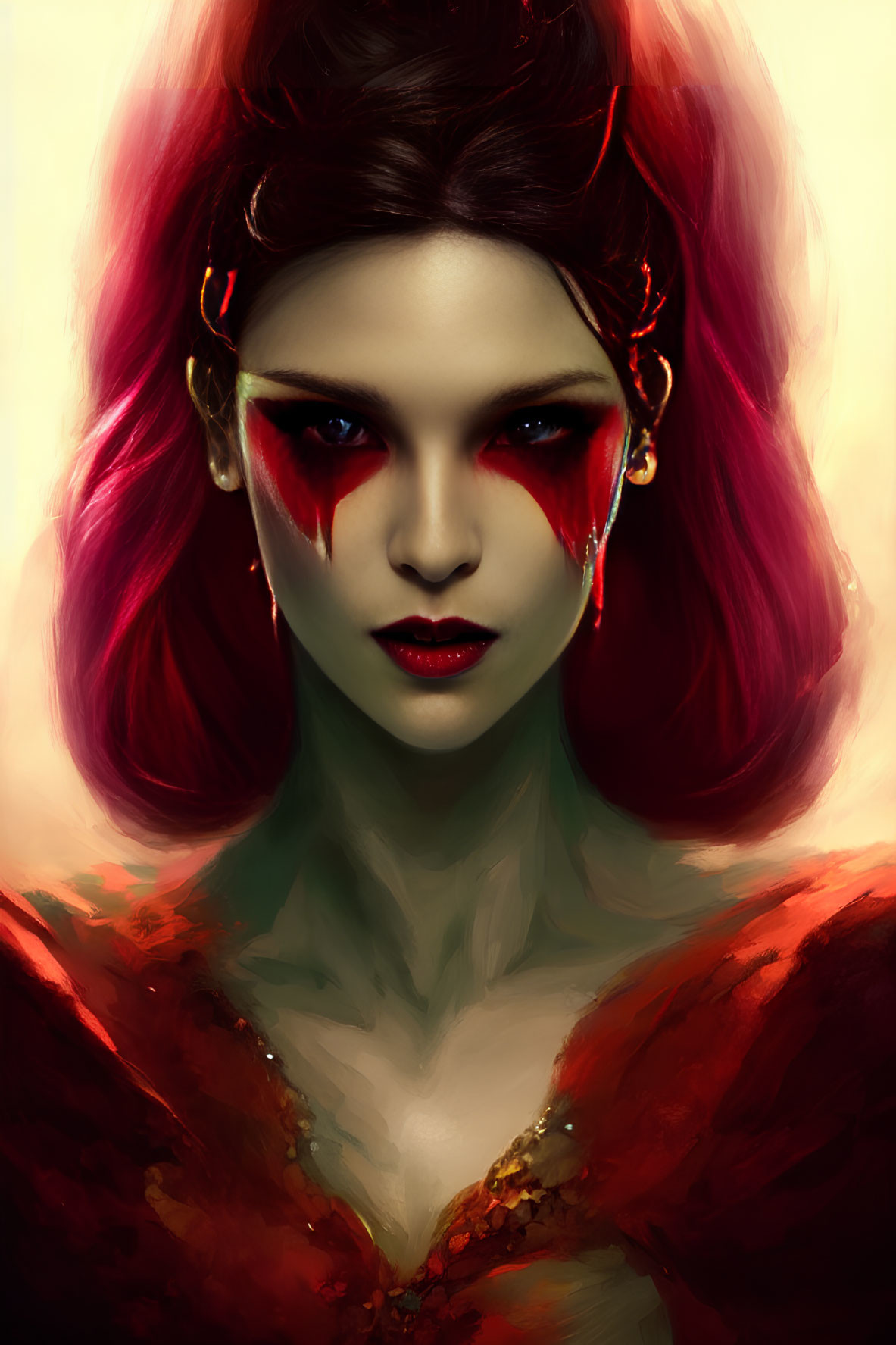Digital artwork: Woman with red and pink hair, crimson tears, red eyes, ornate attire