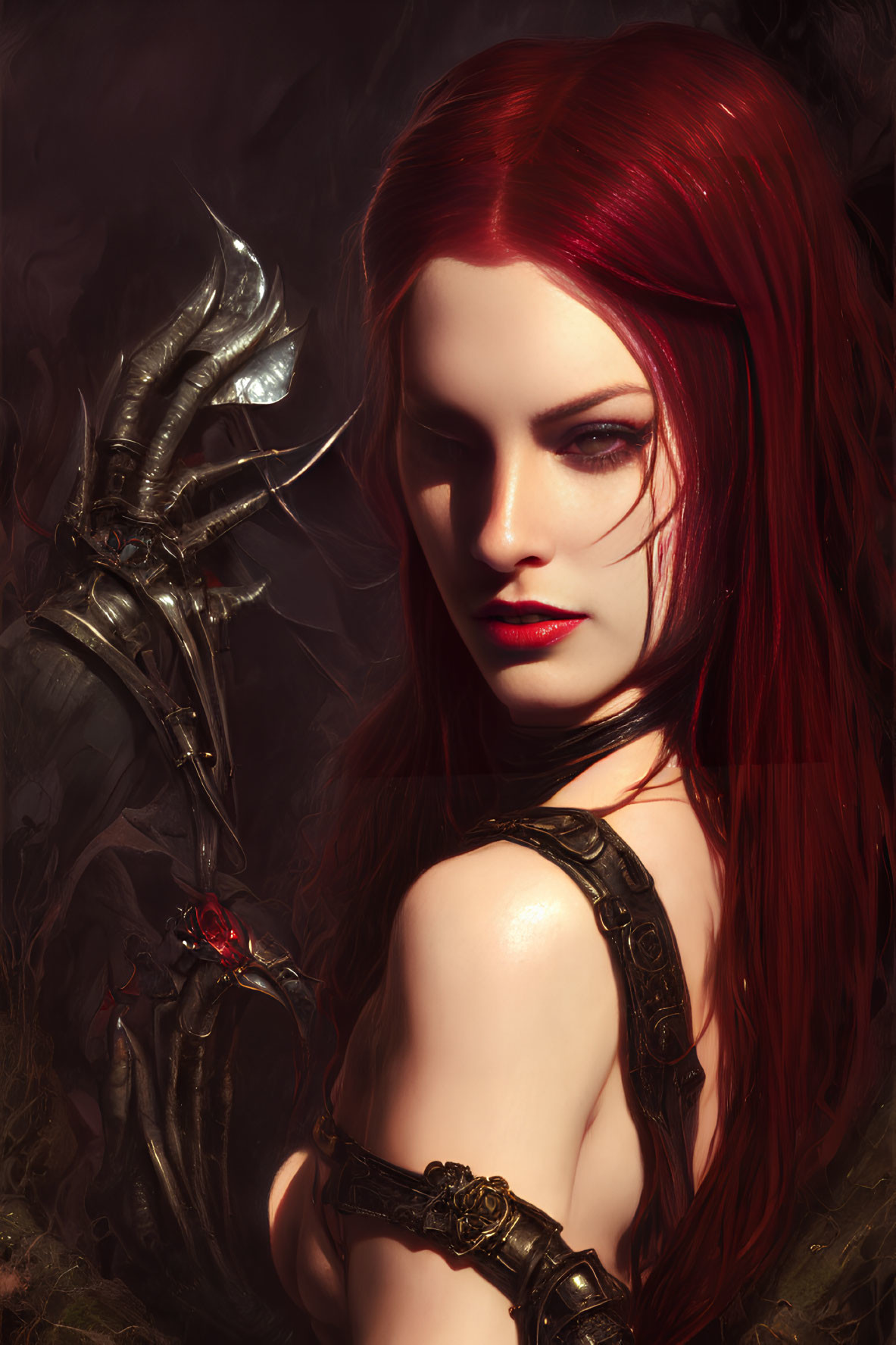 Red-haired woman in mystical warrior armor with striking makeup