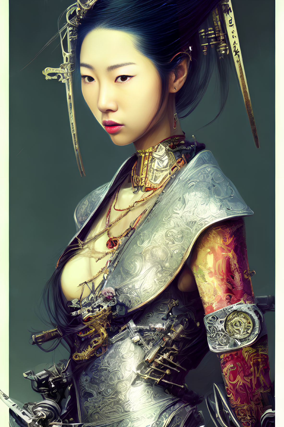 Asian warrior woman in traditional attire with futuristic armor and sword.