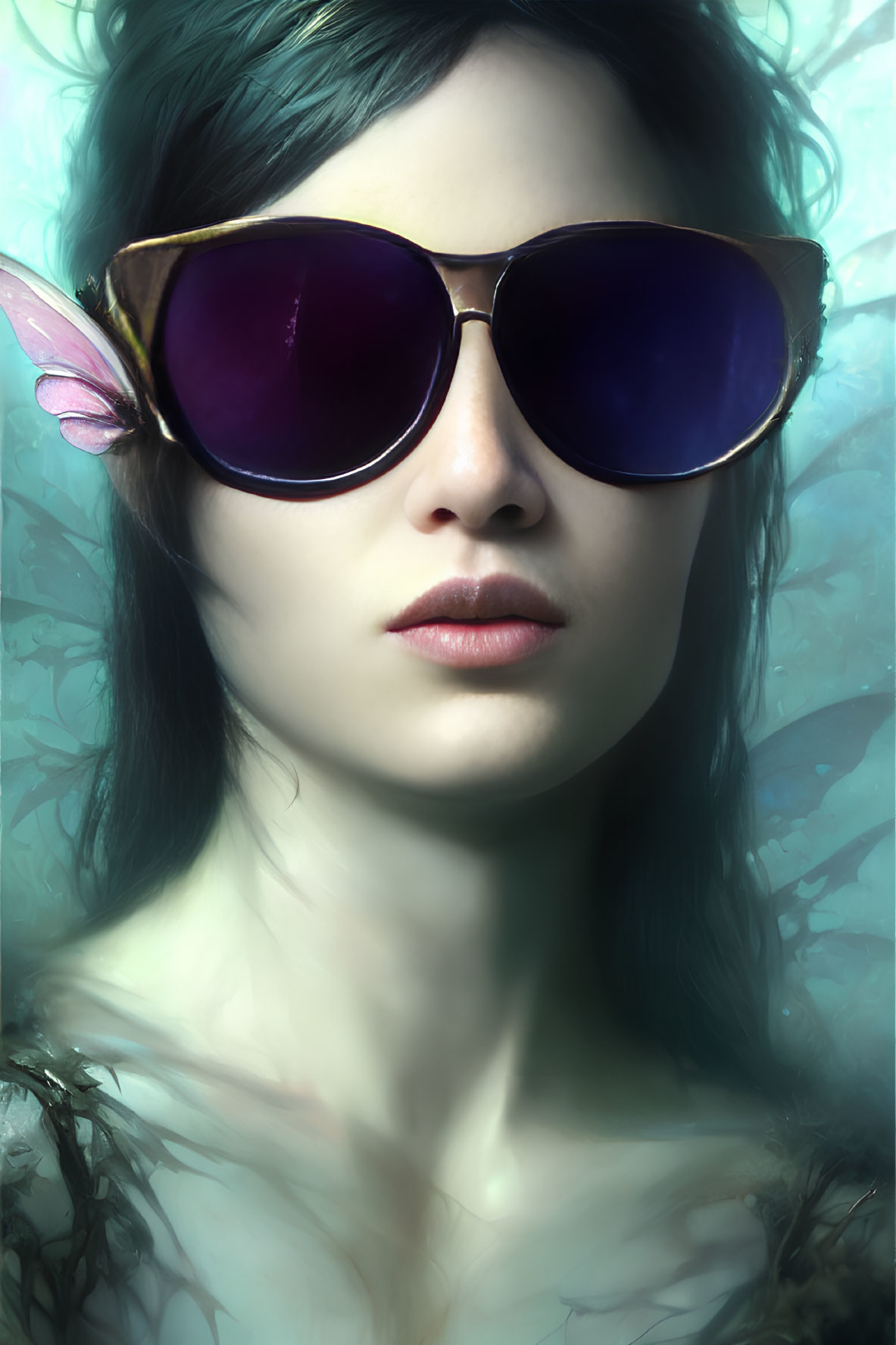 Woman in large purple butterfly sunglasses under ethereal blue lighting