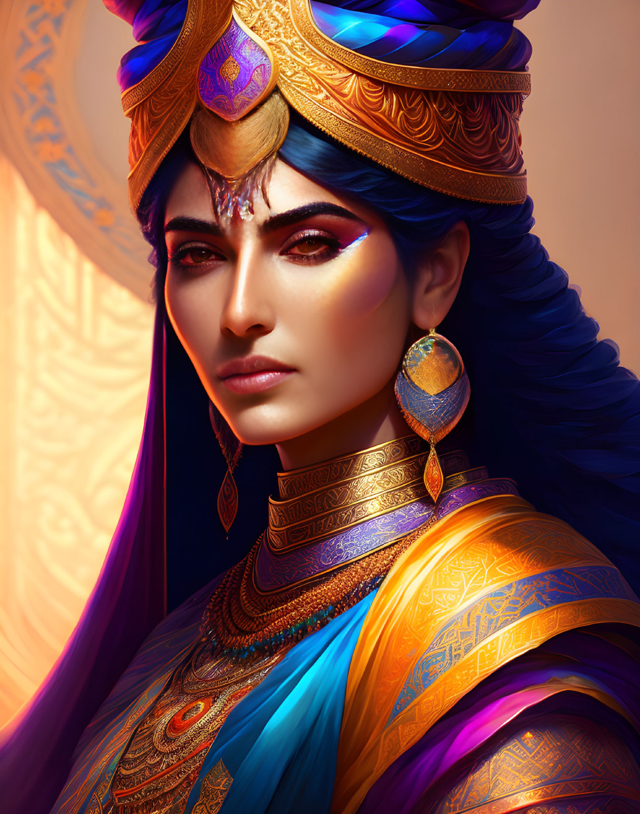 Majestic woman in gold and blue regalia with intricate patterns