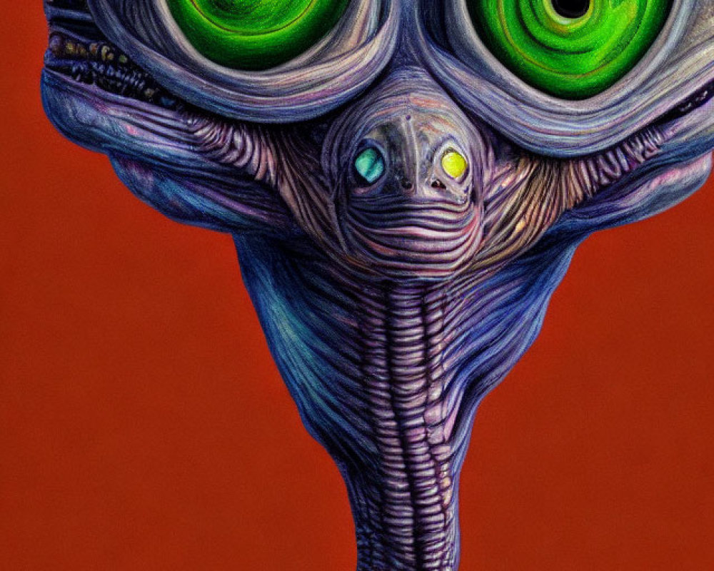 Purple Alien with Large Green Eyes on Red Background