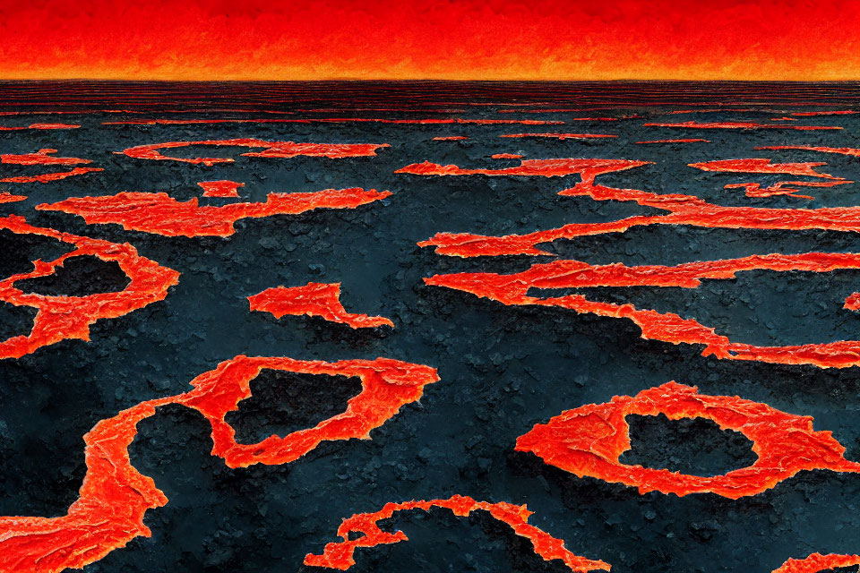 Vivid landscape of molten lava contrasting against blackened earth under fiery sky