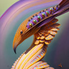 Colorful digital artwork featuring stylized bird with intricate feather patterns in gold and purple hues on multicol