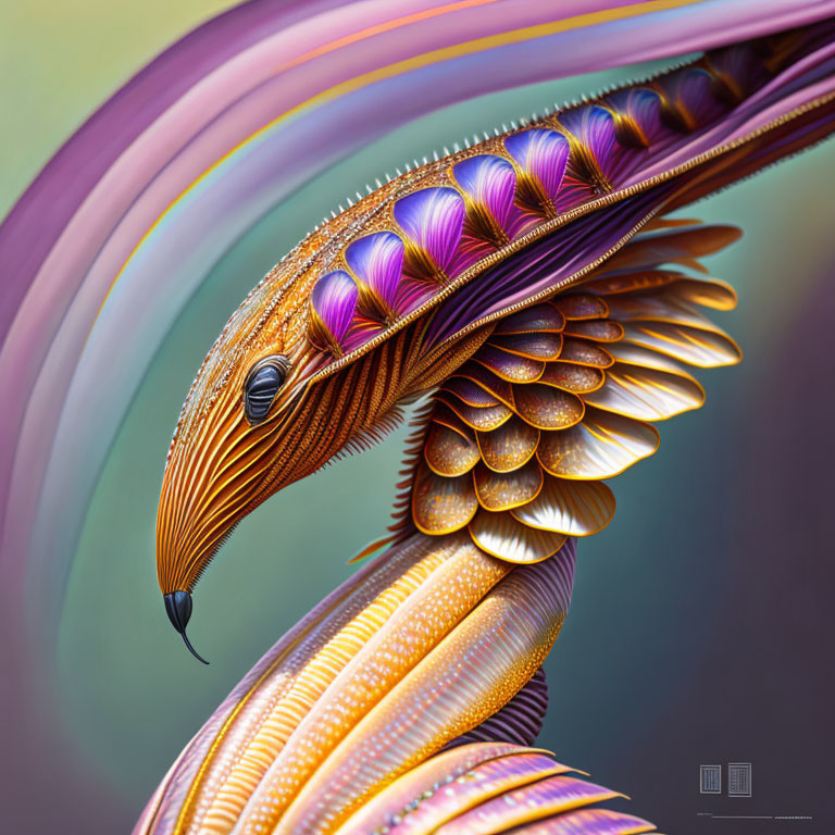 Colorful digital artwork featuring stylized bird with intricate feather patterns in gold and purple hues on multicol