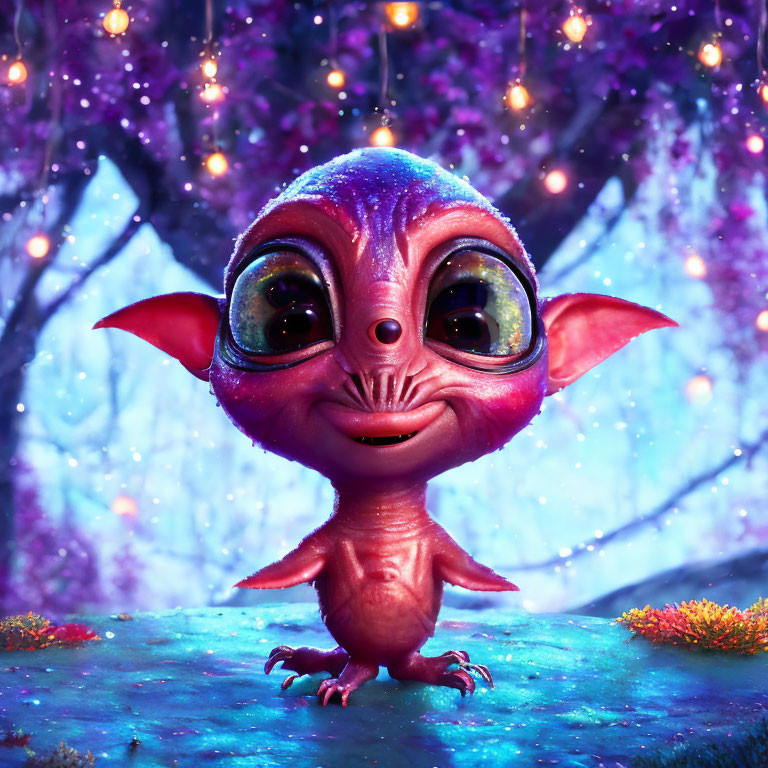 Animated alien with large eyes on purple backdrop