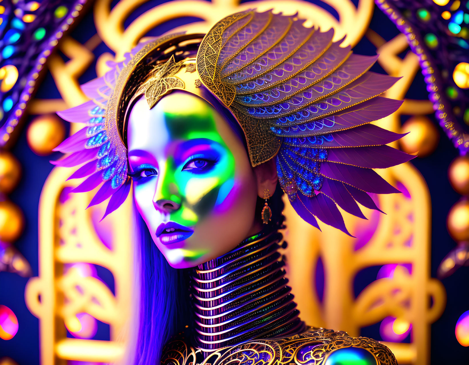 Vibrant digital artwork of futuristic woman with golden headgear and neon lights