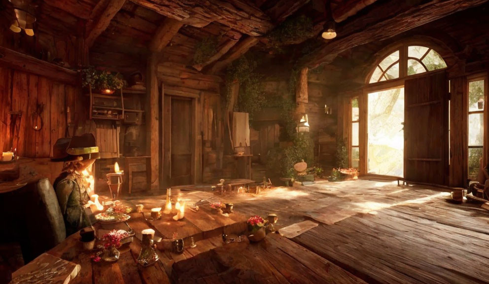 Rustic cabin interior with warm lighting, wooden furniture, candles, plants, and person with hat