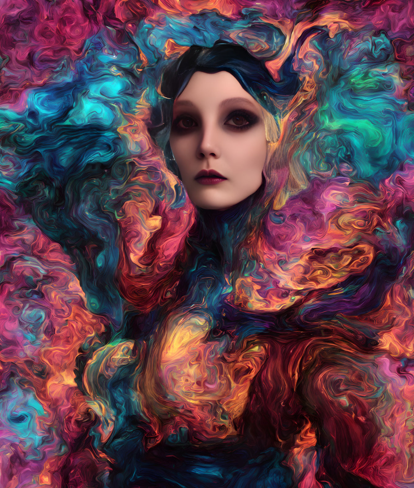 Surreal portrait of pale-skinned person in colorful abstract pattern