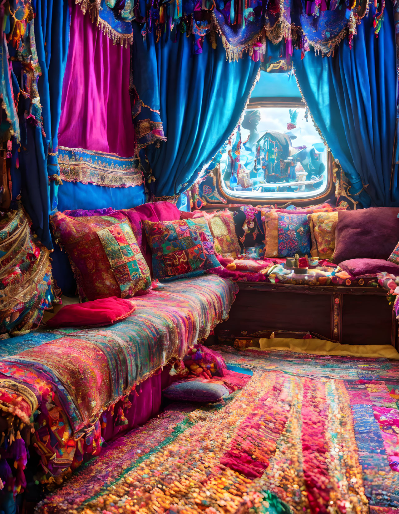 Colorful Cozy Nook with Drapes, Cushions, Rugs, and Window Silhouette