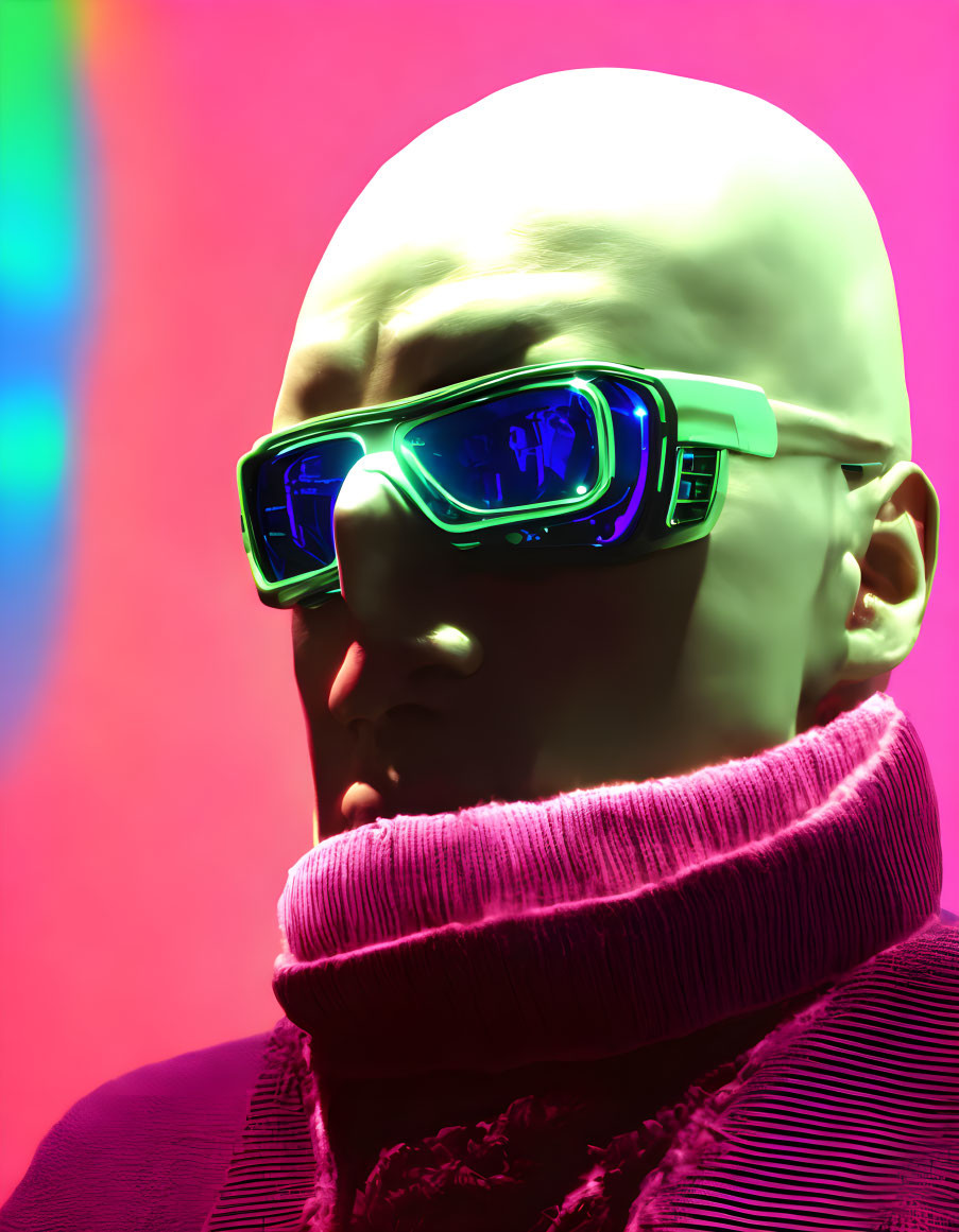 Bald Person in Futuristic Glasses on Neon Gradient Background