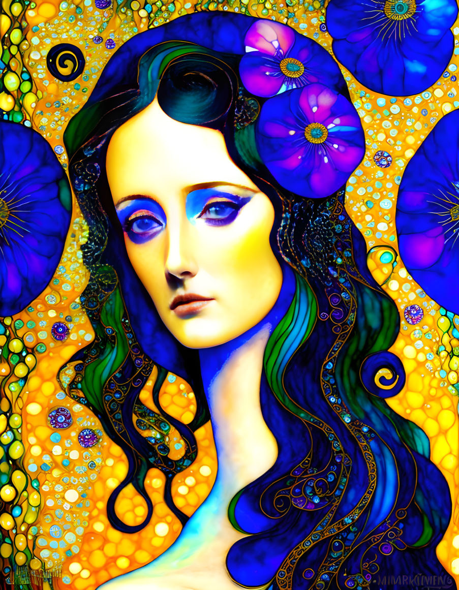 Colorful artwork of woman with flowing hair and floral hair accessories in mosaic background