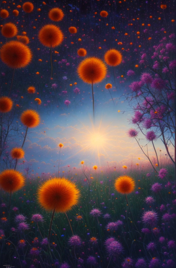 Tranquil painting of a twilight field with orange flowers and glowing orbs