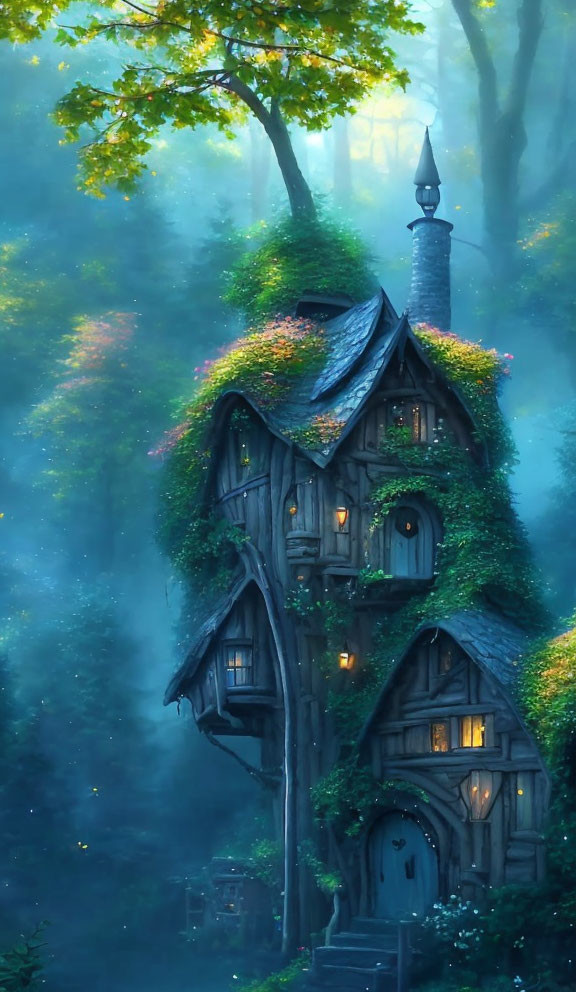 Enchanted treehouse in foggy forest with glowing windows