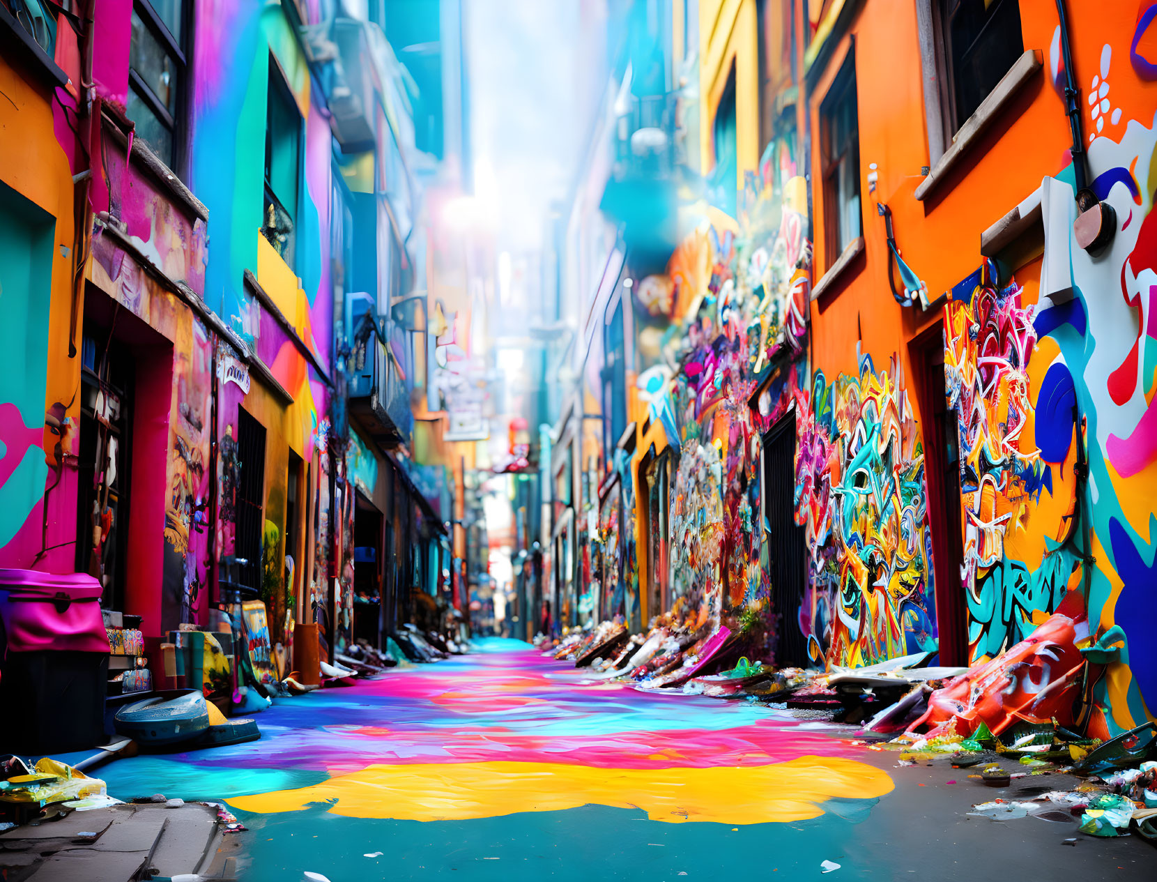 Colorful graffiti-covered alley with psychedelic street art floor